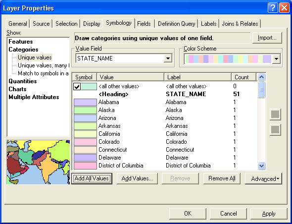 screenshot of unique values options